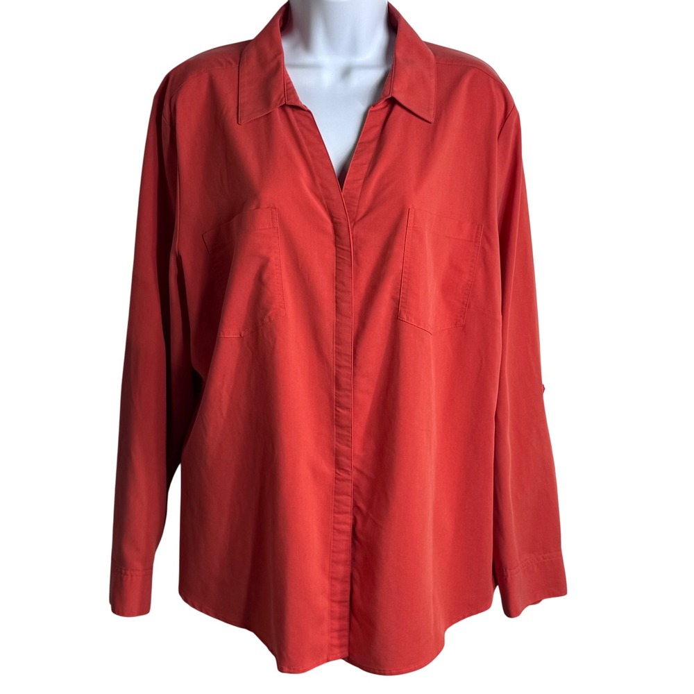 Chico's Button-Up‎ Shirt Top Roll-Tab Sleeve Collared Relaxed Fit Coral Size 3